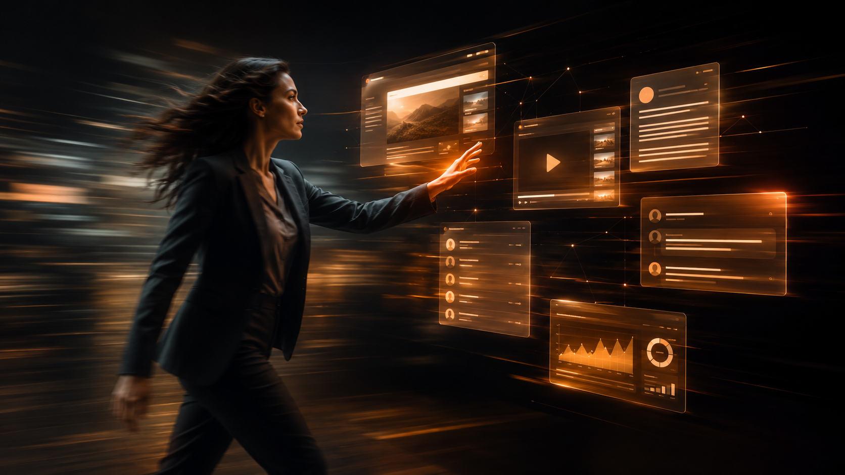 A woman in a dark suit reaches towards floating translucent panels showing a webpage, a video player, a chat thread and an analytics chart, lit orange against a motion-blurred background.