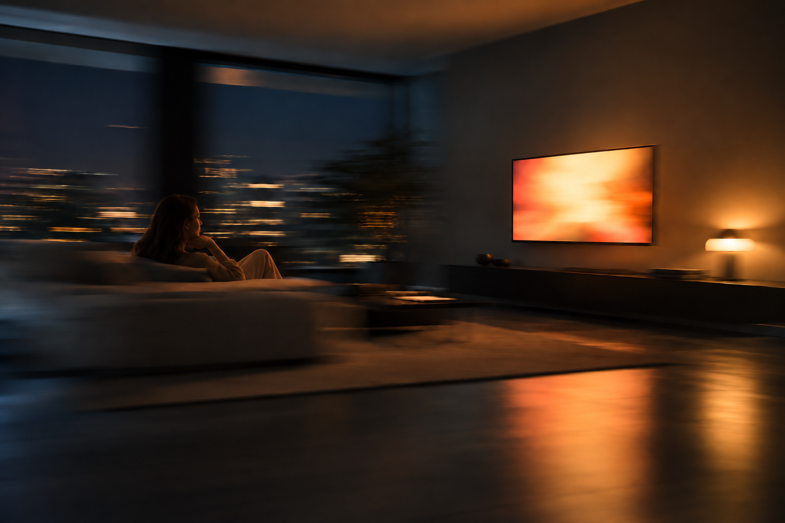 A woman sitting on a sofa in her living room, watching a large wall-mounted television.