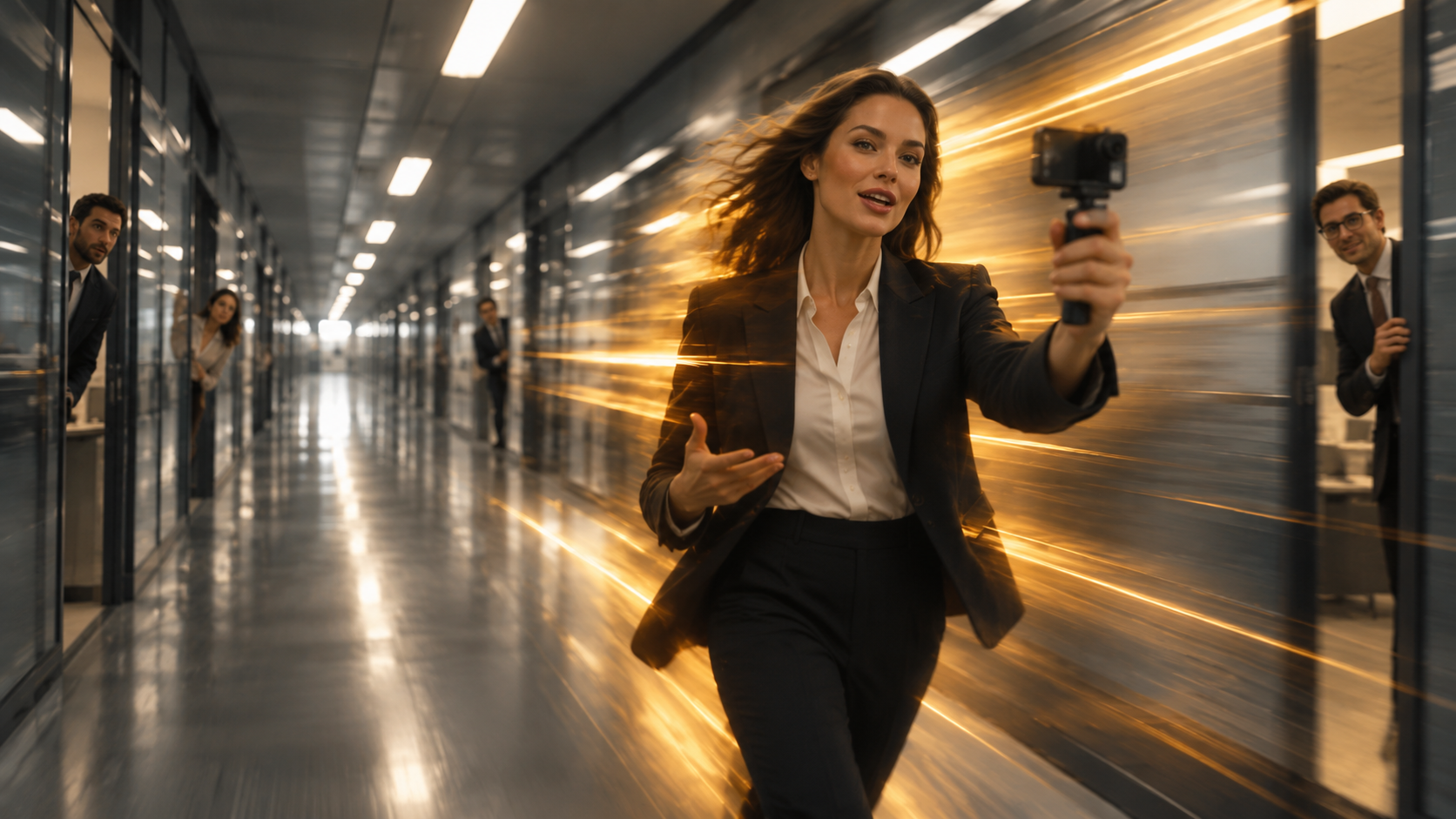 A woman walking along an office corridor, filming as she goes.