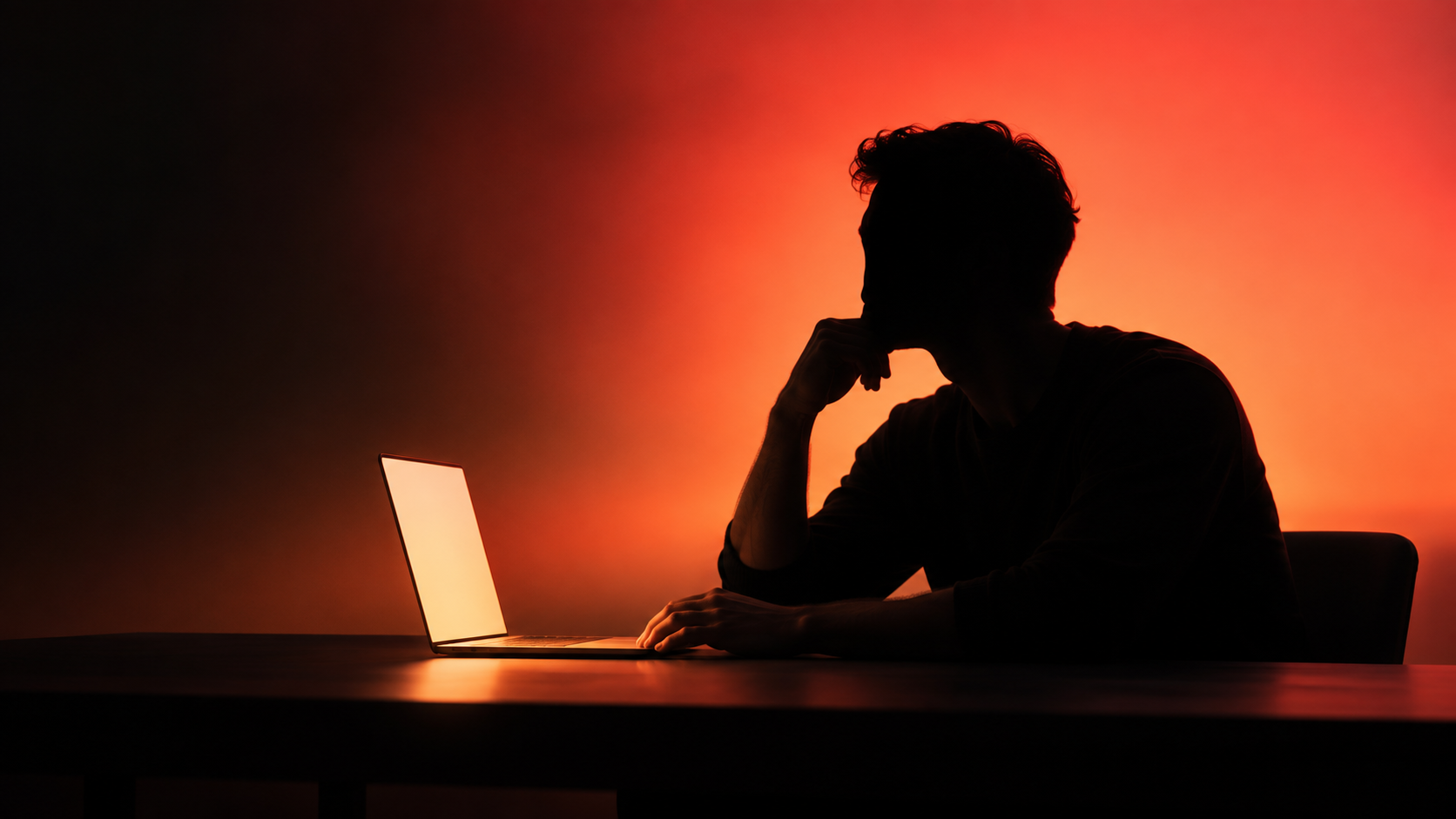 The silhouette of a man sitting at a desk, looking at his laptop.