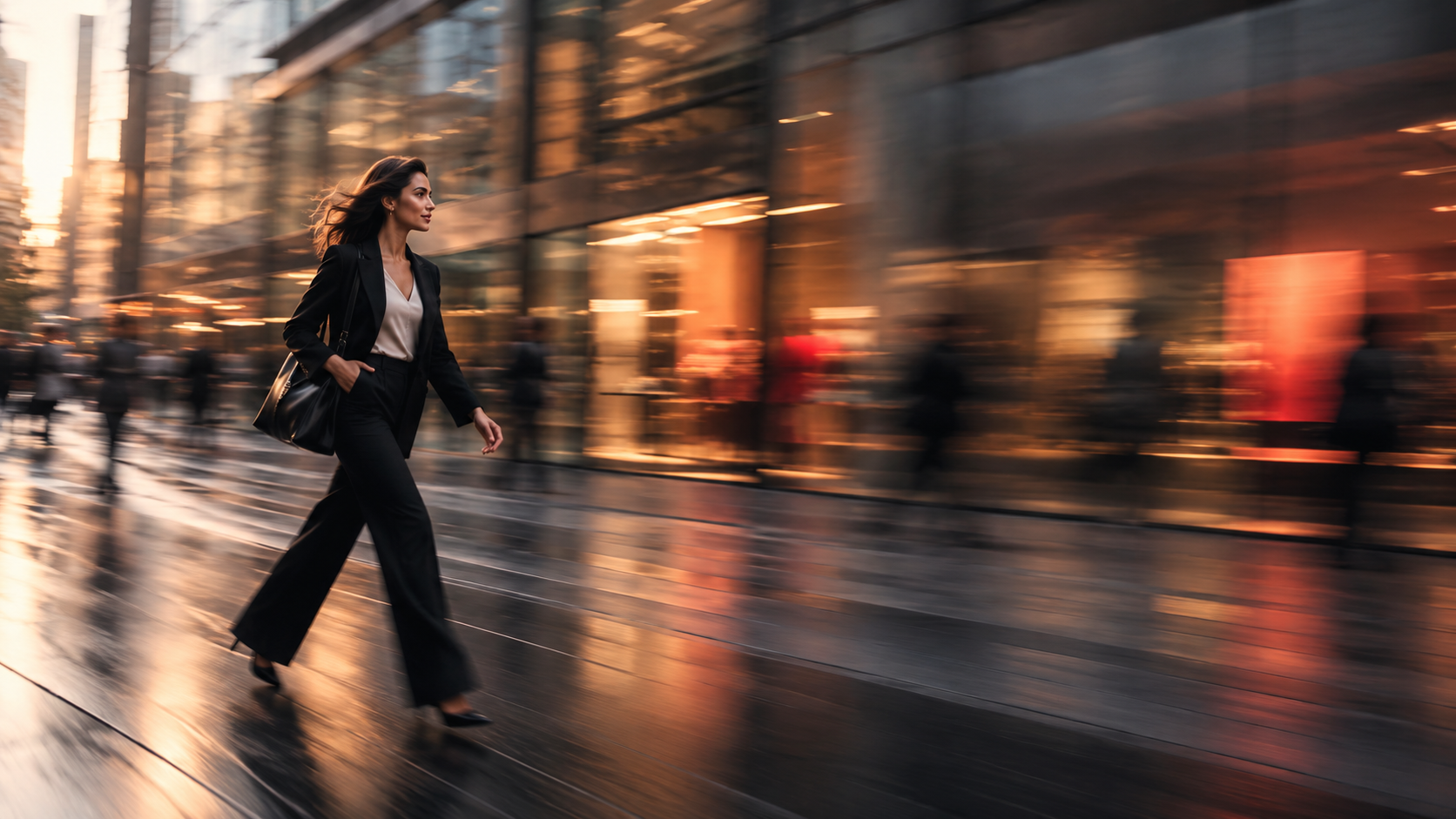 A woman walking through city streets during the day.