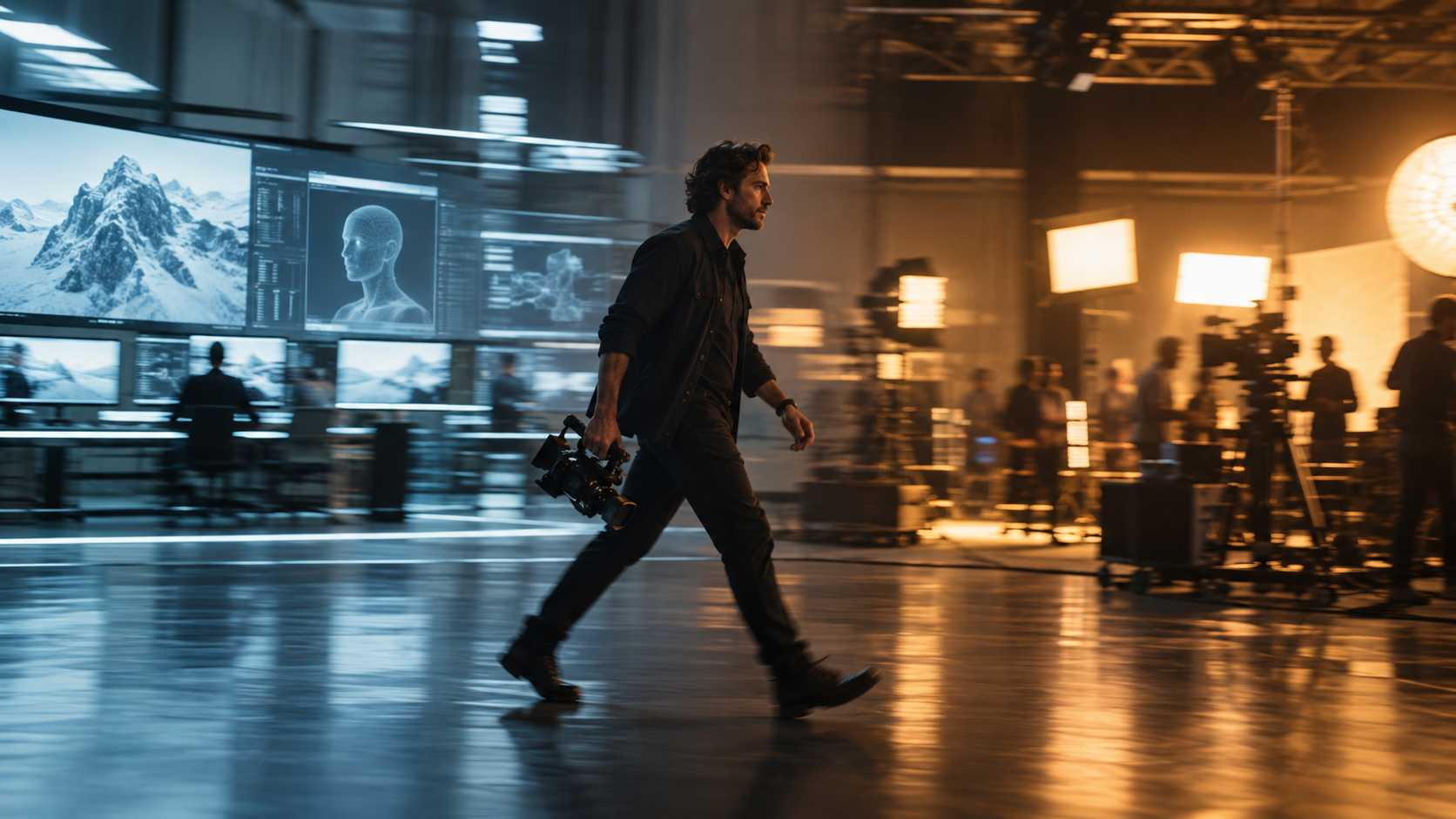 A male filmmaker strides through a split studio environment — cold blue-white AI-generated screens on one side, warm amber practical filmmaking equipment on the other — with motion blur stretching the surroundings as he moves between two creative worlds.