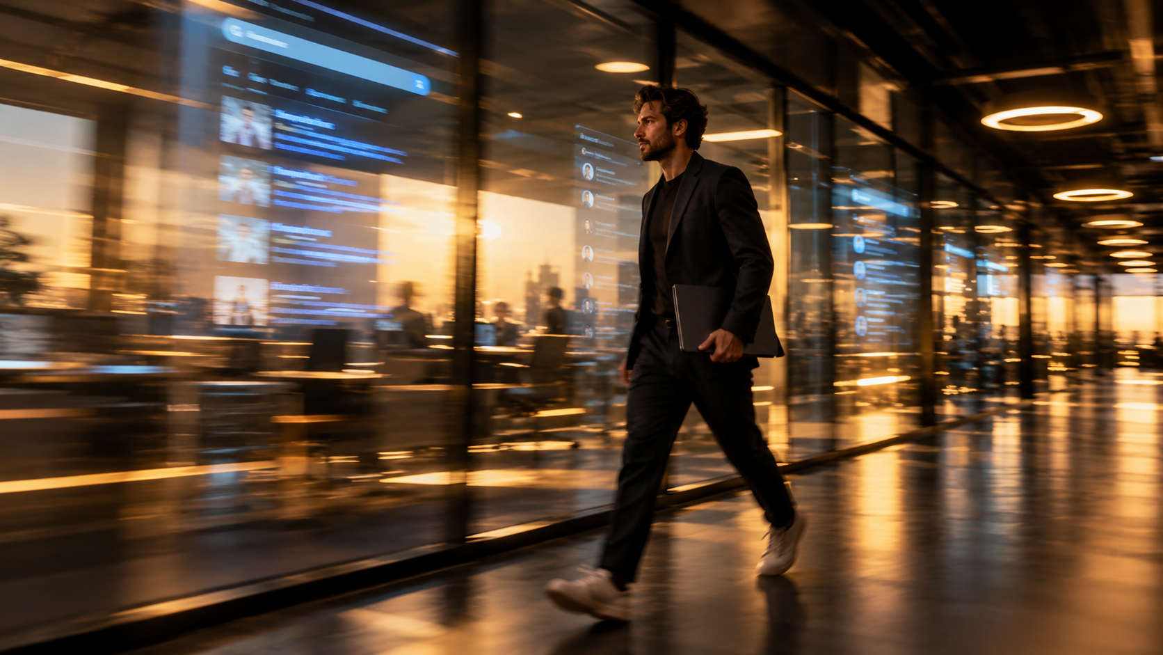 A man walking purposefully along a corridor lined with glowing screens.