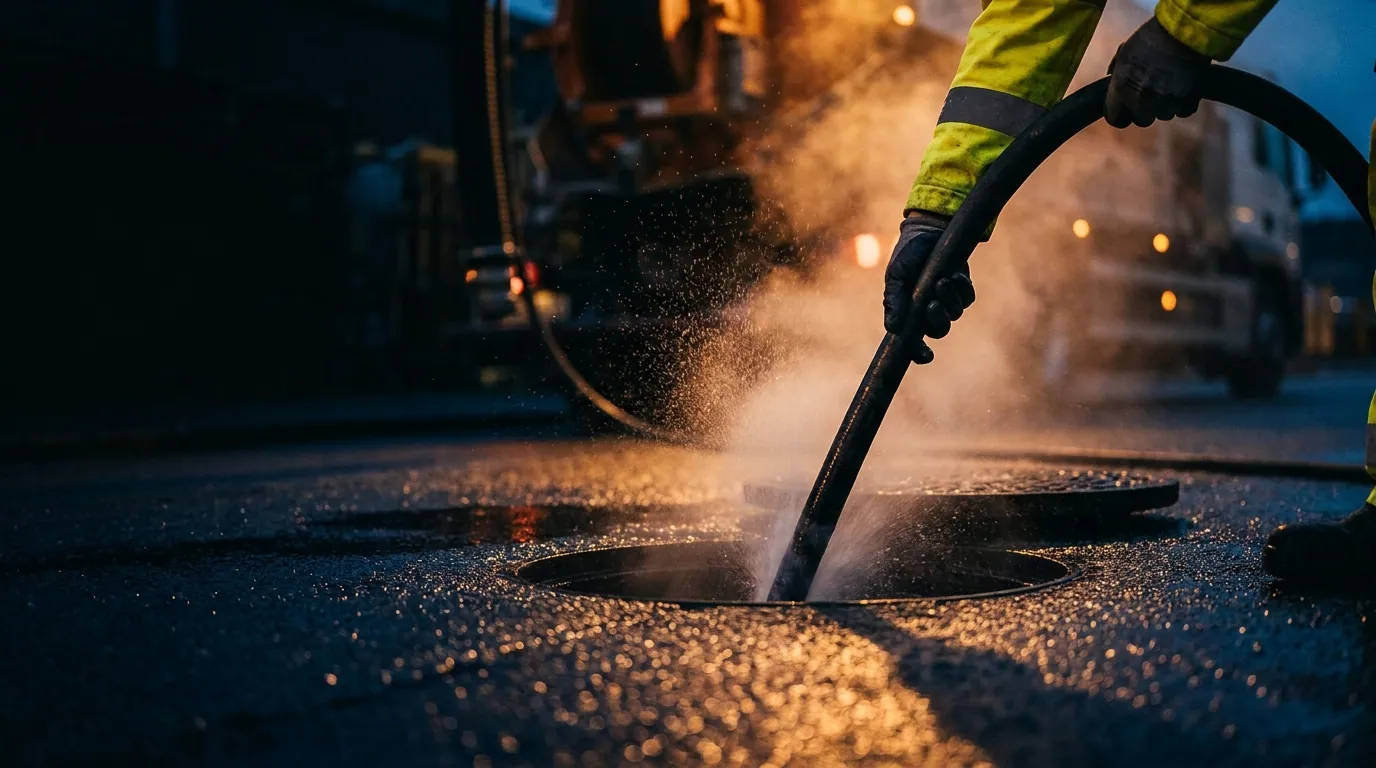 A drainage engineer in a hi-vis jacket guiding a high-pressure jetting hose into an open manhole on a wet road at dusk, with water spray lit by warm light.