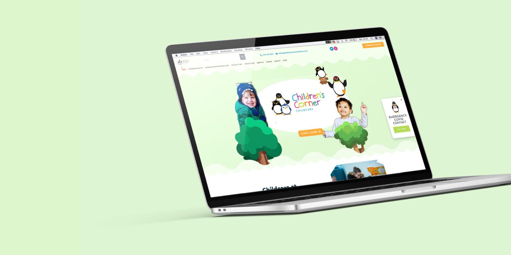 The rebuilt Children’s Corner Childcare website on a laptop, penguins and playful green design front and centre.