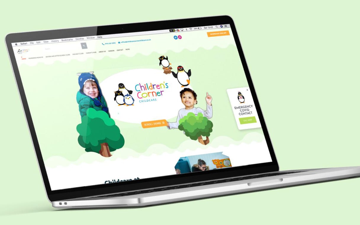 The rebuilt Children’s Corner website: playful, green, penguins front and centre.