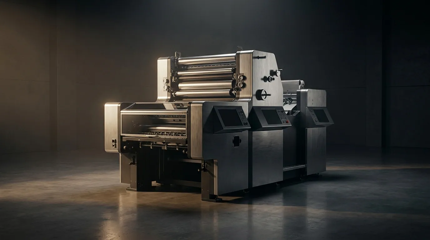 A large commercial printing press photographed as a sculptural machine in a dark studio, its brushed-steel rollers and control panels picked out by dramatic side lighting.
