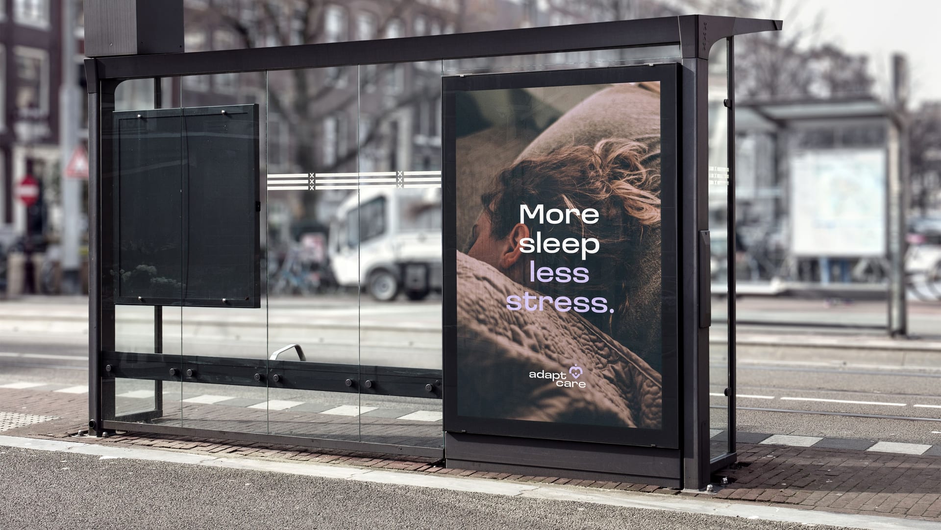 Adapt-Care out-of-home advert, More sleep less stress.