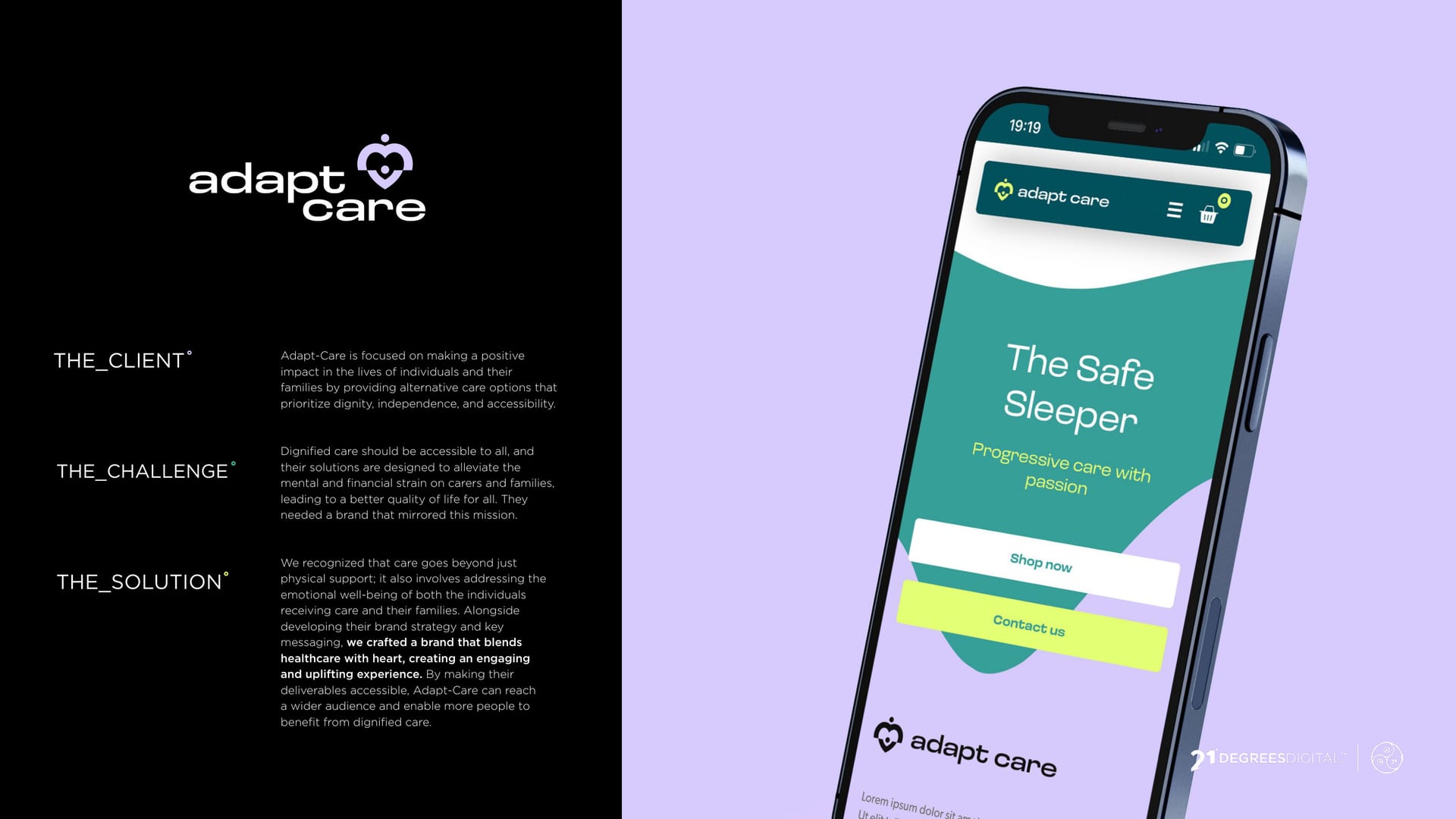 Adapt-Care brand, The Safe Sleeper app on a lilac background.