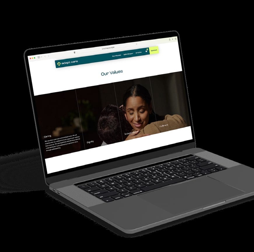 Adapt-Care website, Our Values page, on a laptop.