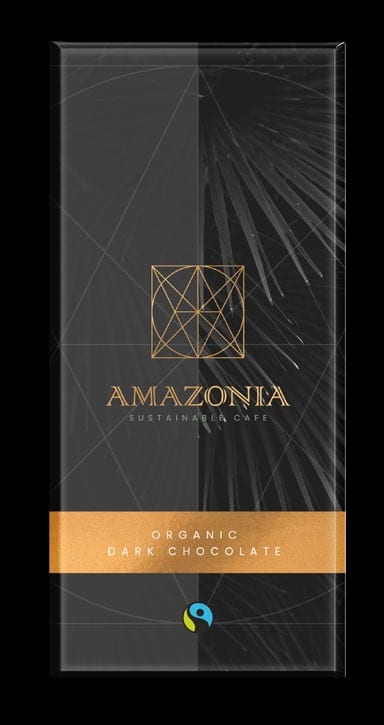 Amazonia organic dark chocolate packaging.