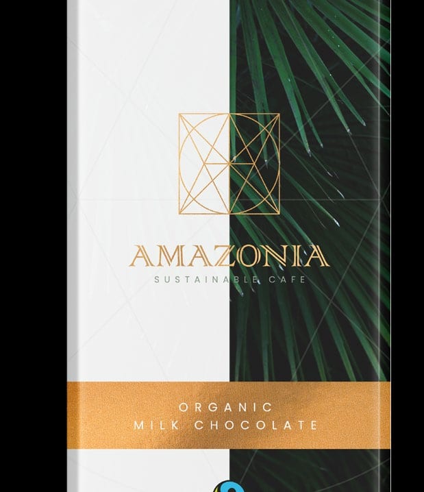Amazonia organic milk chocolate packaging.