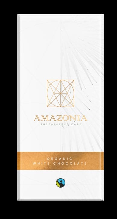 Amazonia organic white chocolate packaging.