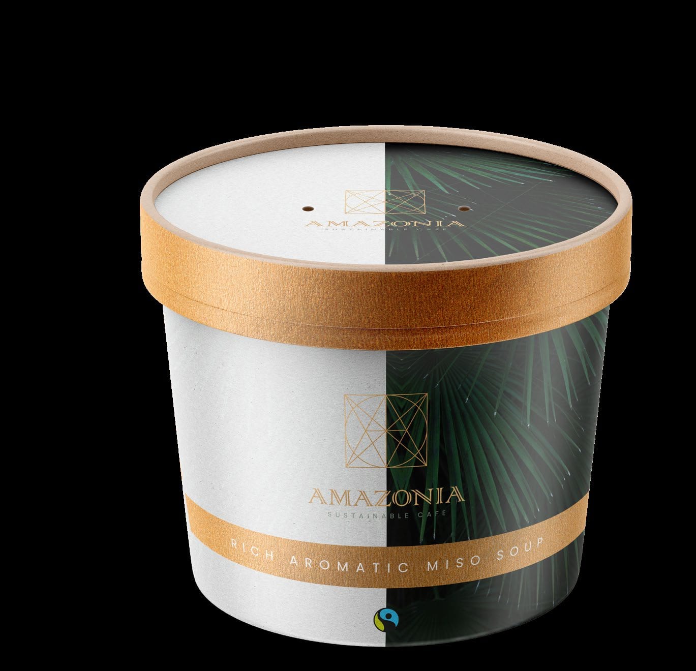 Amazonia soup cup packaging in green and gold.