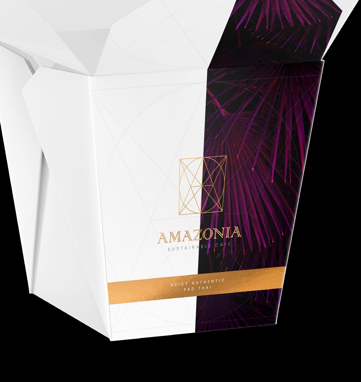 Amazonia packaging design with gold linework and a palm print