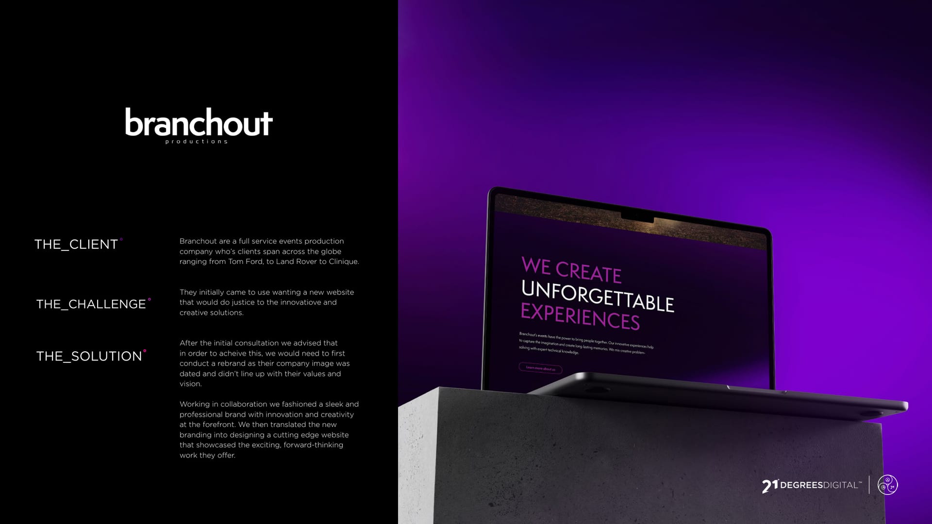 Branchout website on a laptop, We Create Unforgettable Experiences, purple gradient.