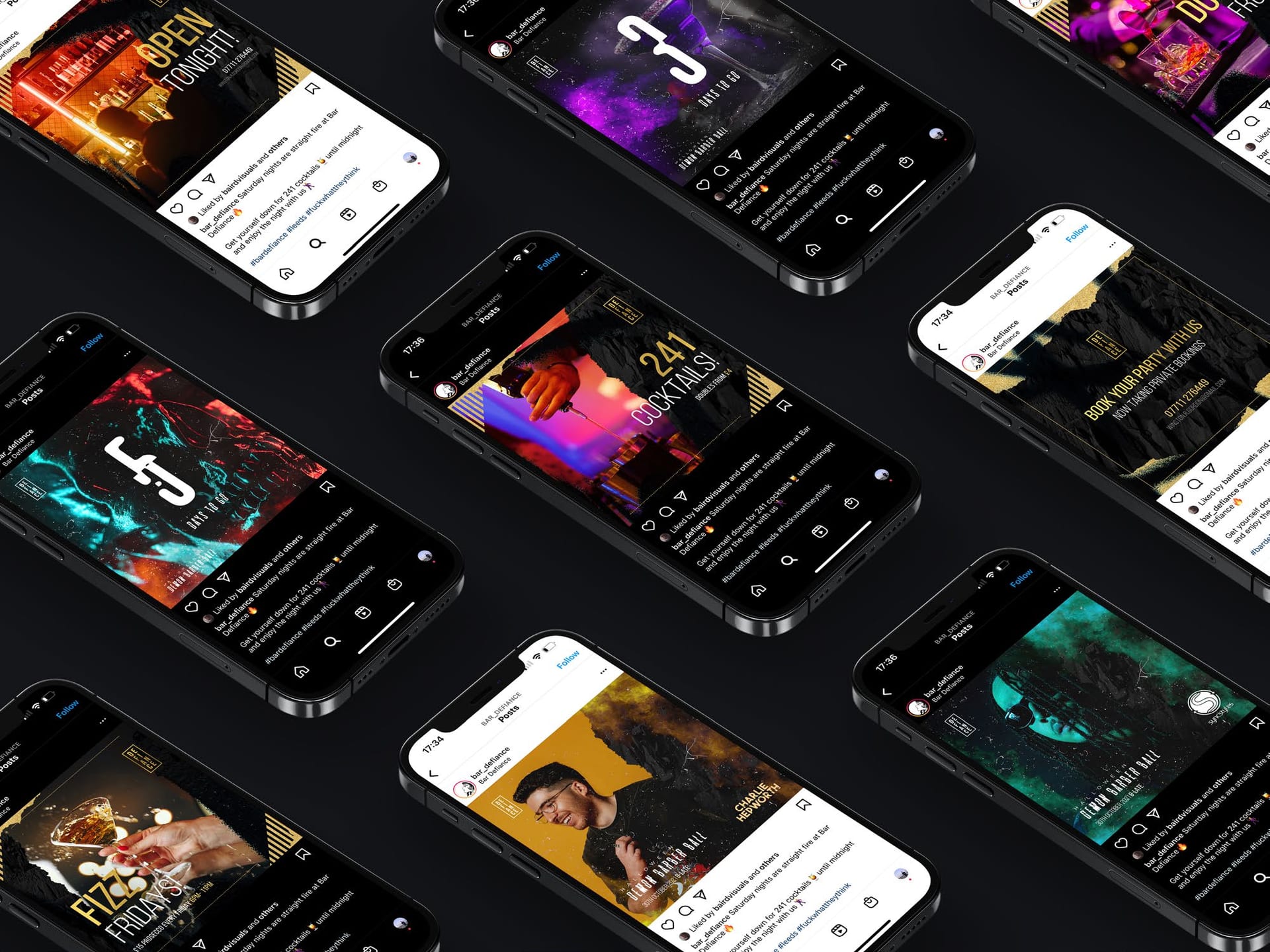 Defiance app screens, dark and moody.