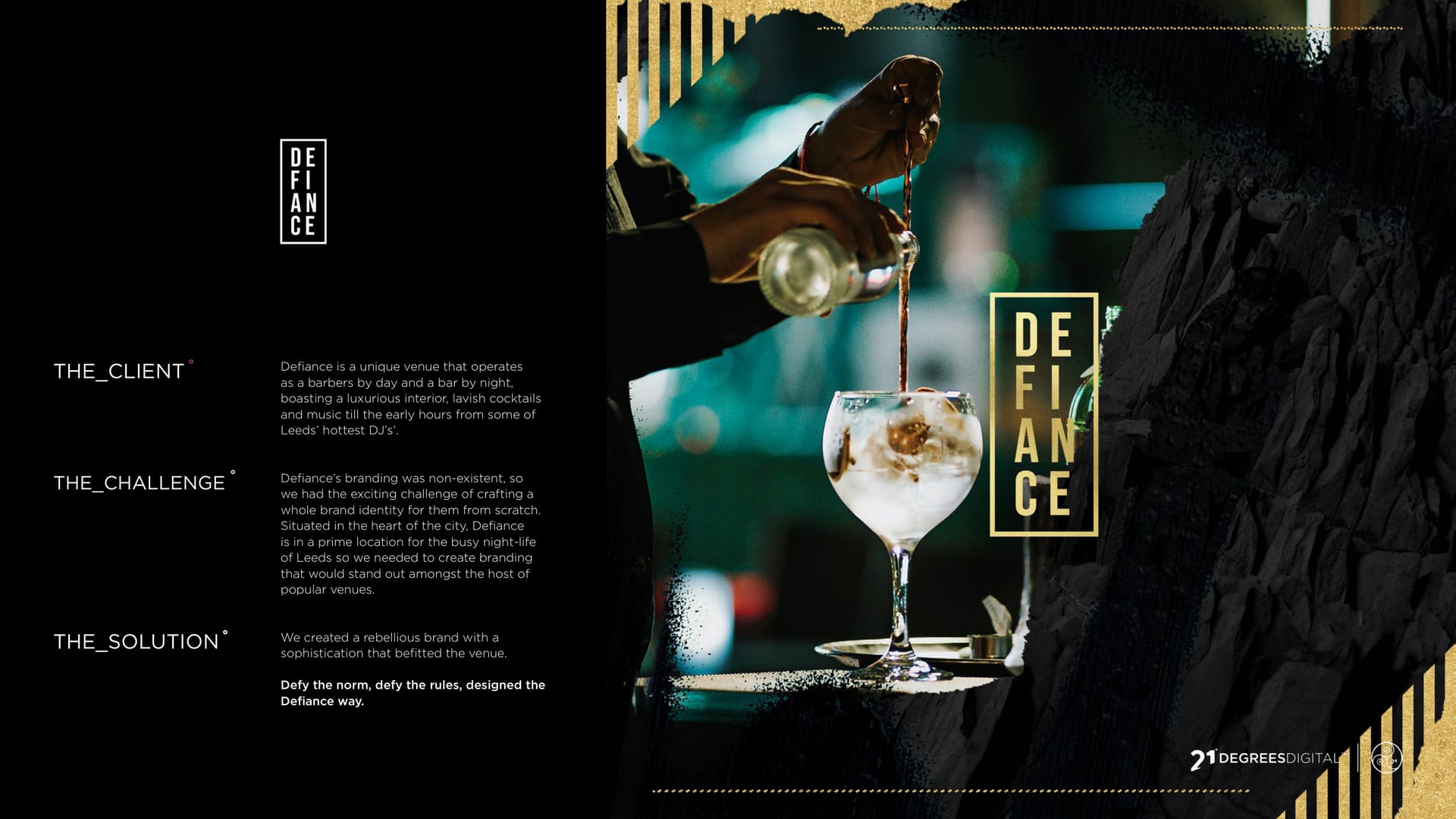 Defiance bar brand, a cocktail being poured with the gold Defiance mark.