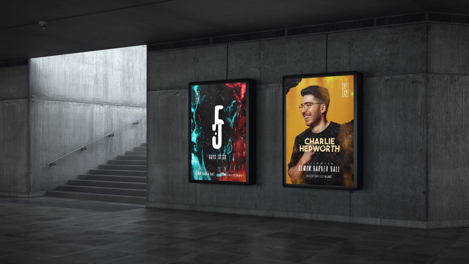 Defiance event posters mounted in a concrete corridor.