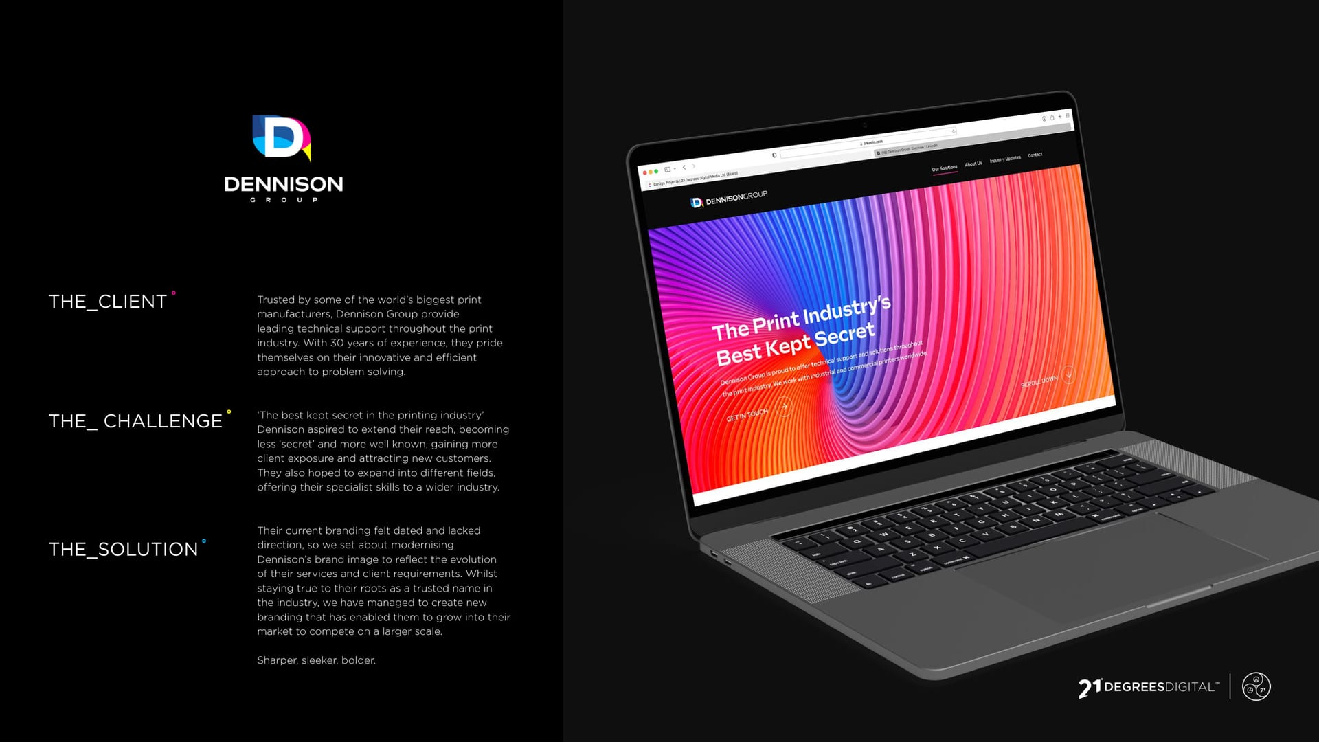 Dennison Group brand identity on a laptop, print-spectrum gradient on a dark interface.