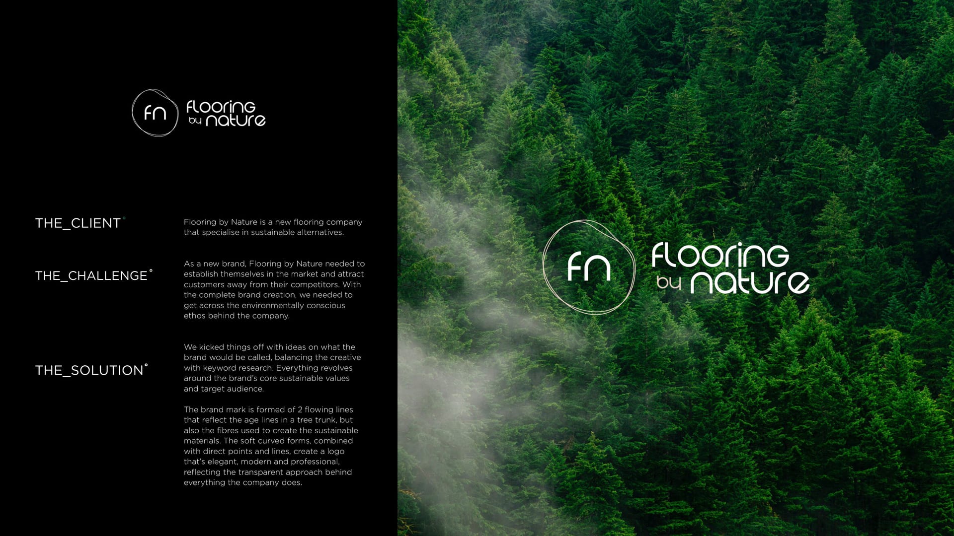 Flooring by Nature brand mark over a misty forest, sage and cream identity.