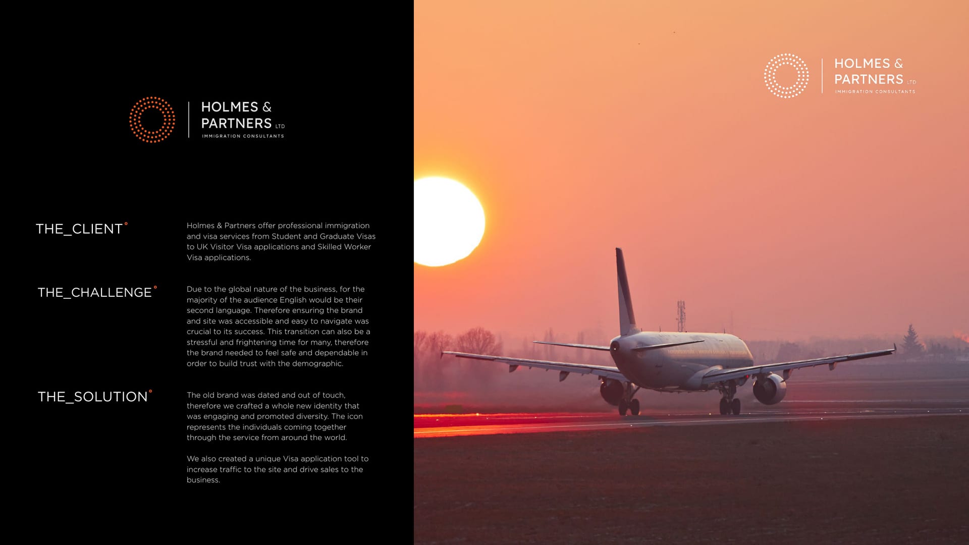Holmes & Partners brand over a warm sunset with a plane on the runway.