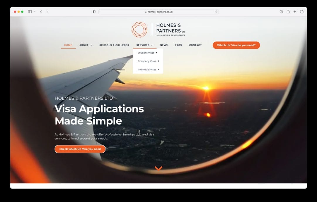 Holmes & Partners website, Visa Applications Made Simple.