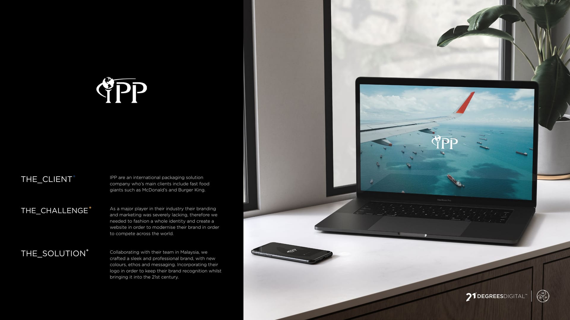 IPP website on a laptop, a ship at sunset, purpose-led packaging brand.