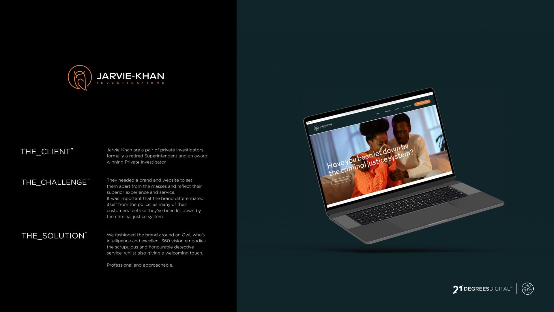 Jarvie-Khan Investigations website on a laptop, deep teal and copper branding.