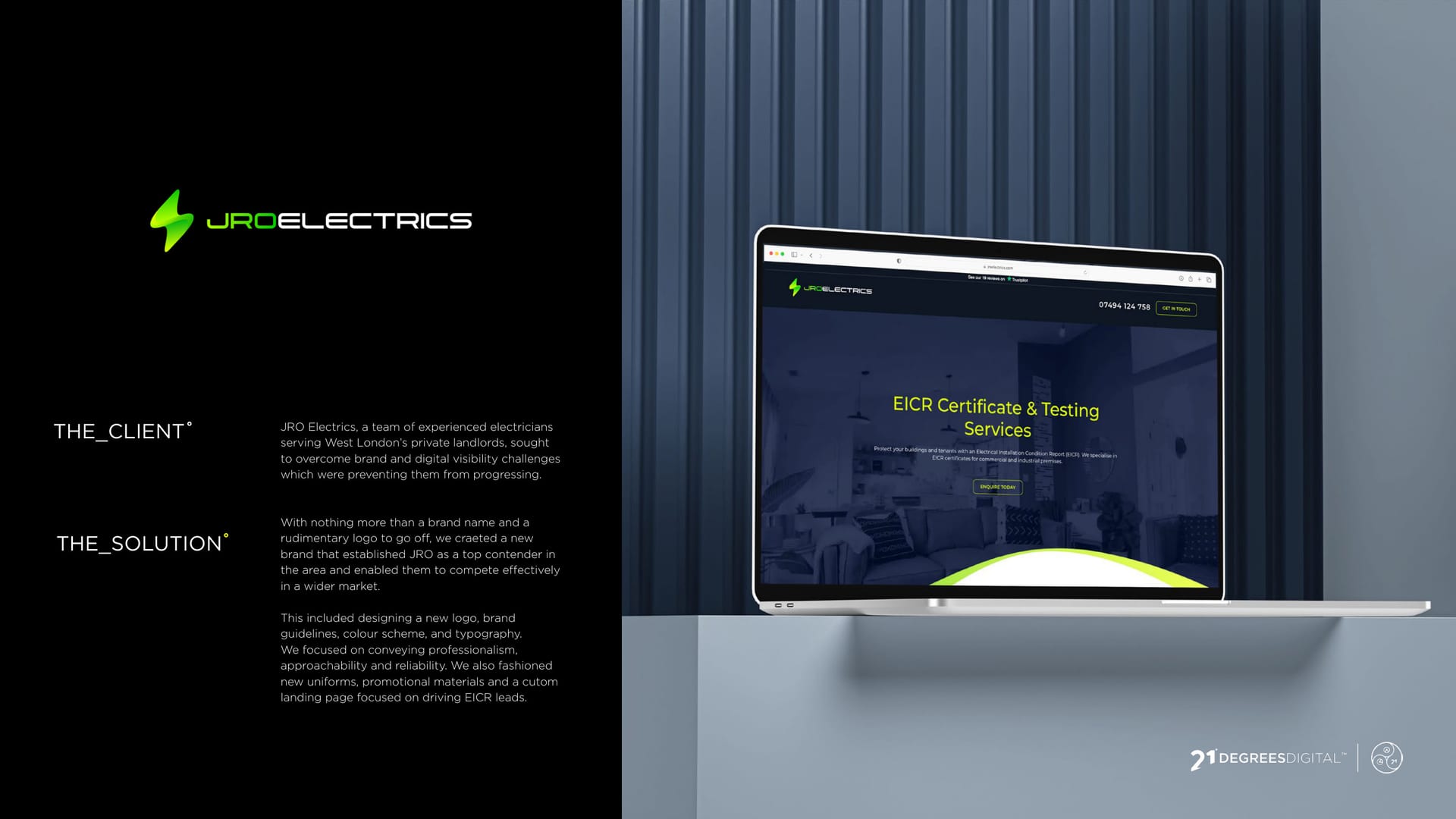 JRO Electrics website on a laptop, electric-green branding on charcoal.