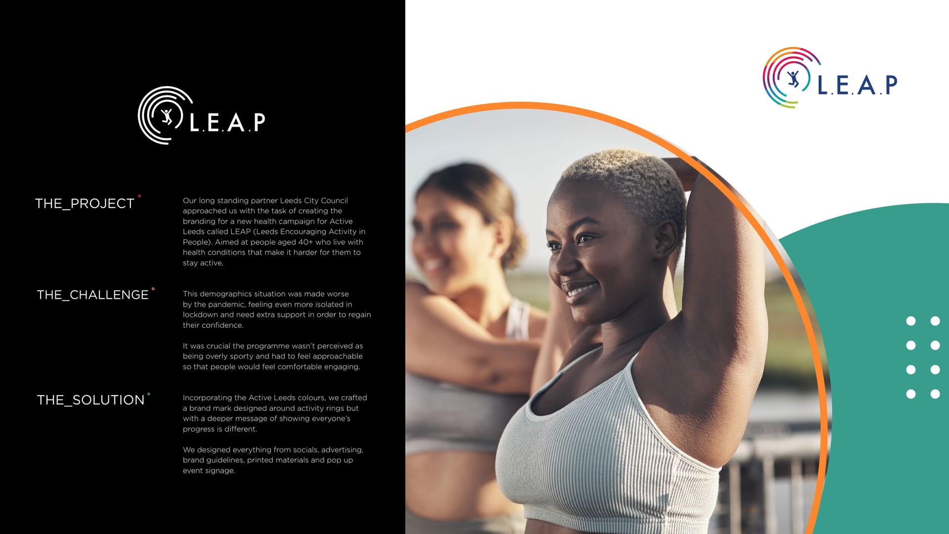 LEAP brand identity, colourful rings and an active lifestyle image.
