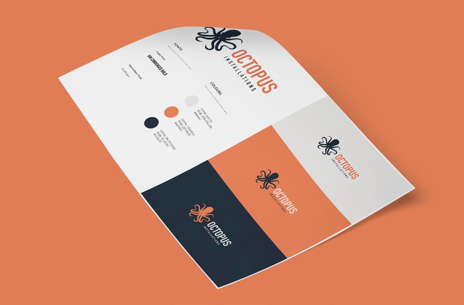 Octopus Installations brochure spread in orange and navy.