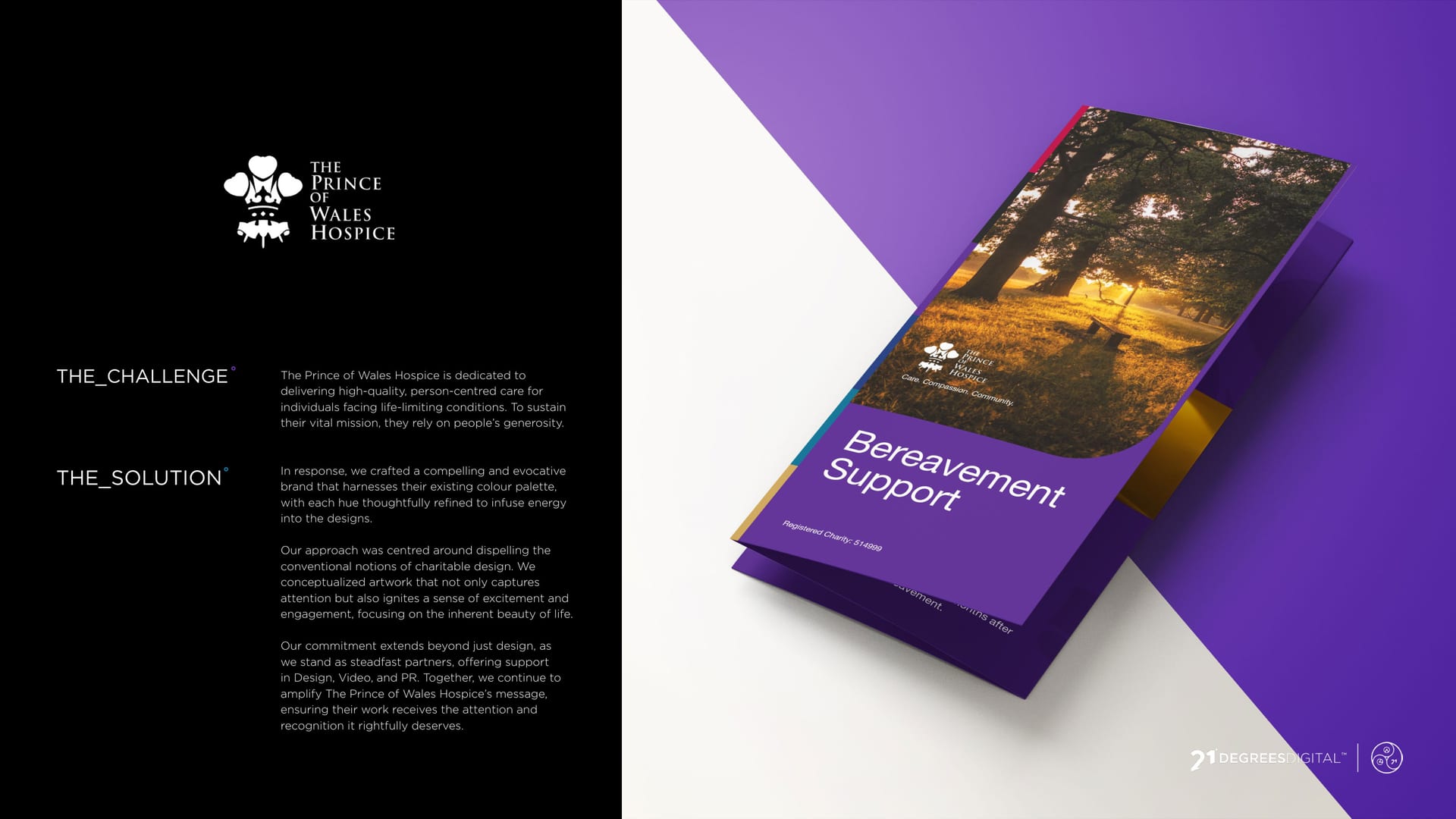 Prince of Wales Hospice bereavement support trifold, purple and autumn tones.