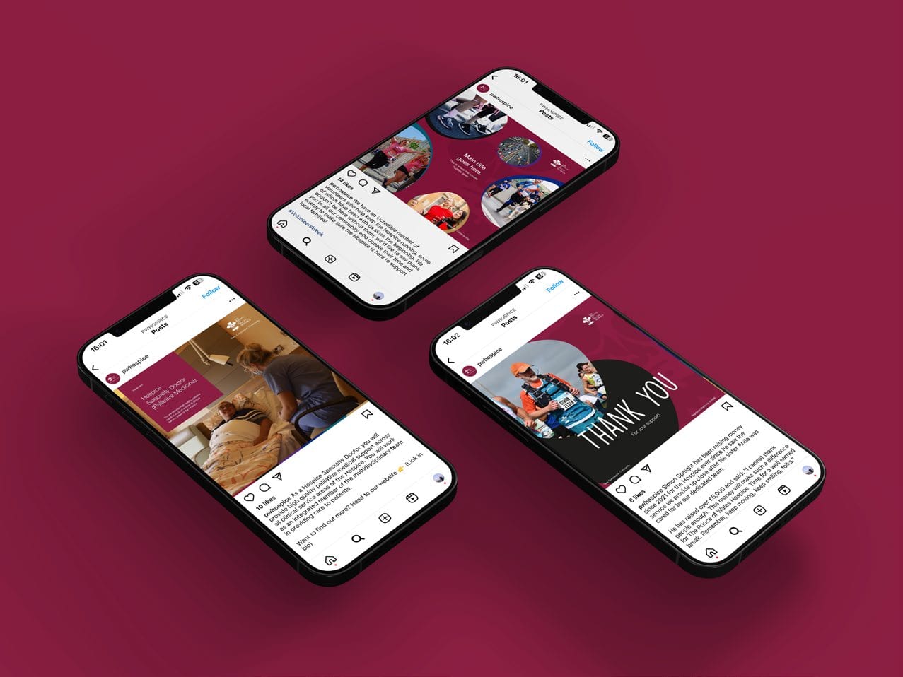 Prince of Wales Hospice social posts on phones.