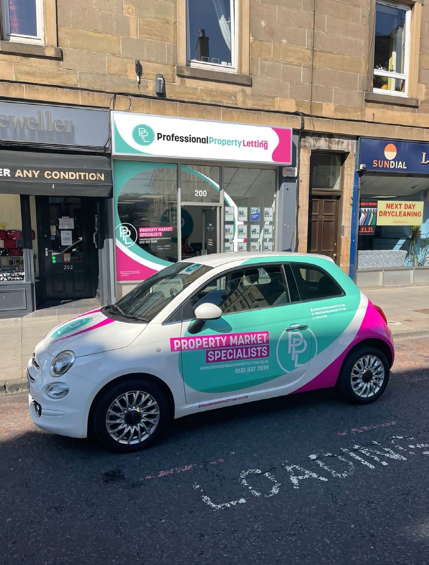 Professional Property Letting branded car outside the shop.