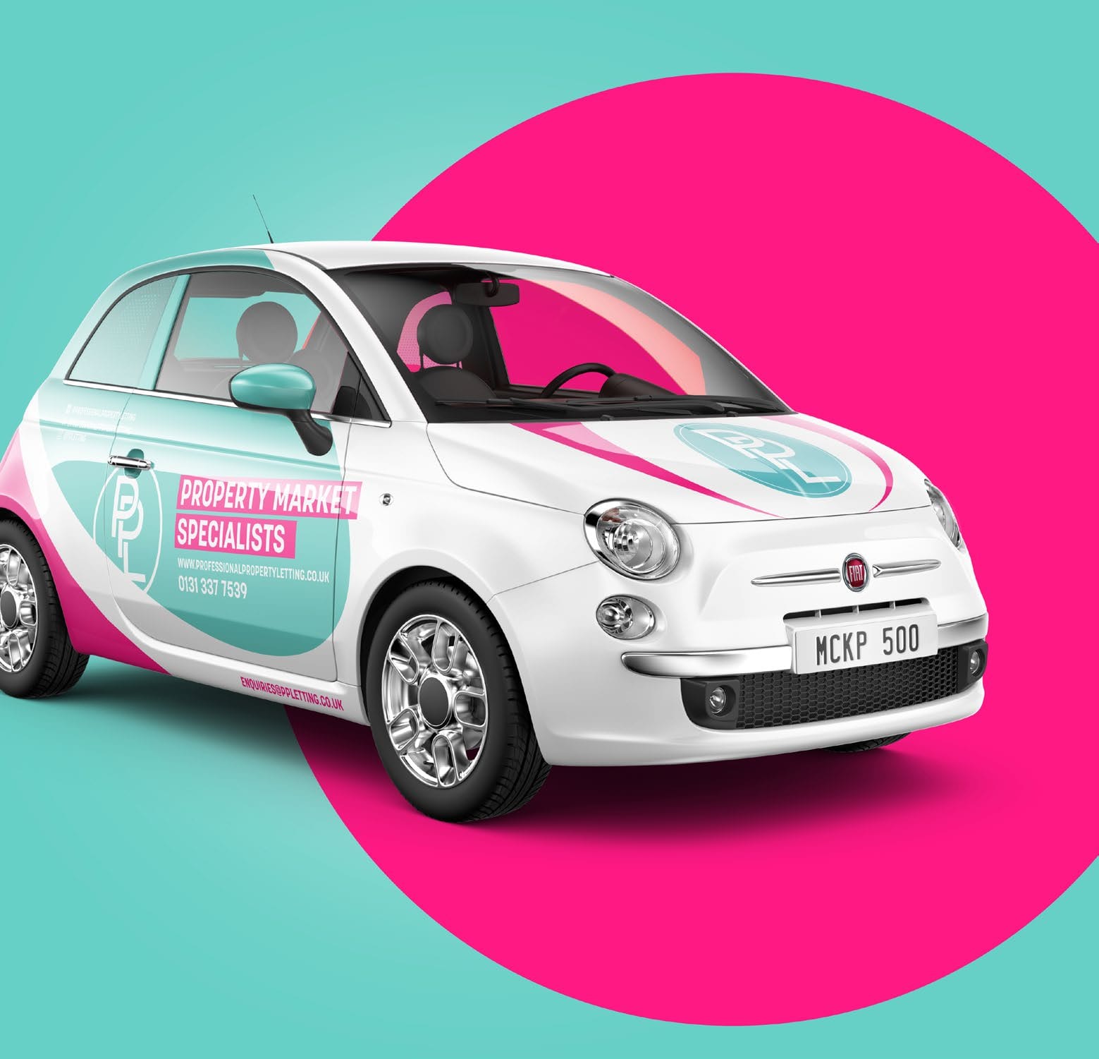 Professional Property Letting branded car in hot pink and turquoise.
