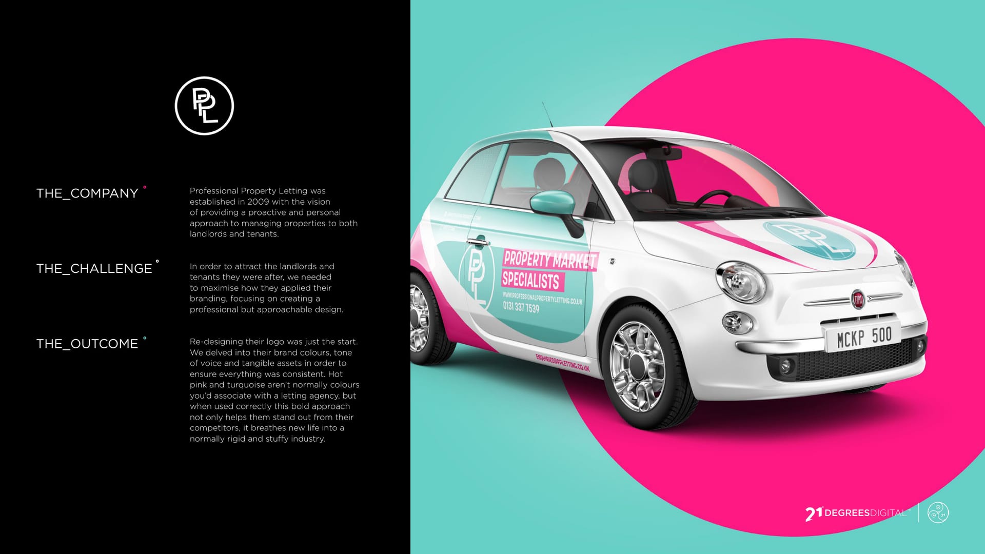 Professional Property Letting branded car in hot pink and turquoise.