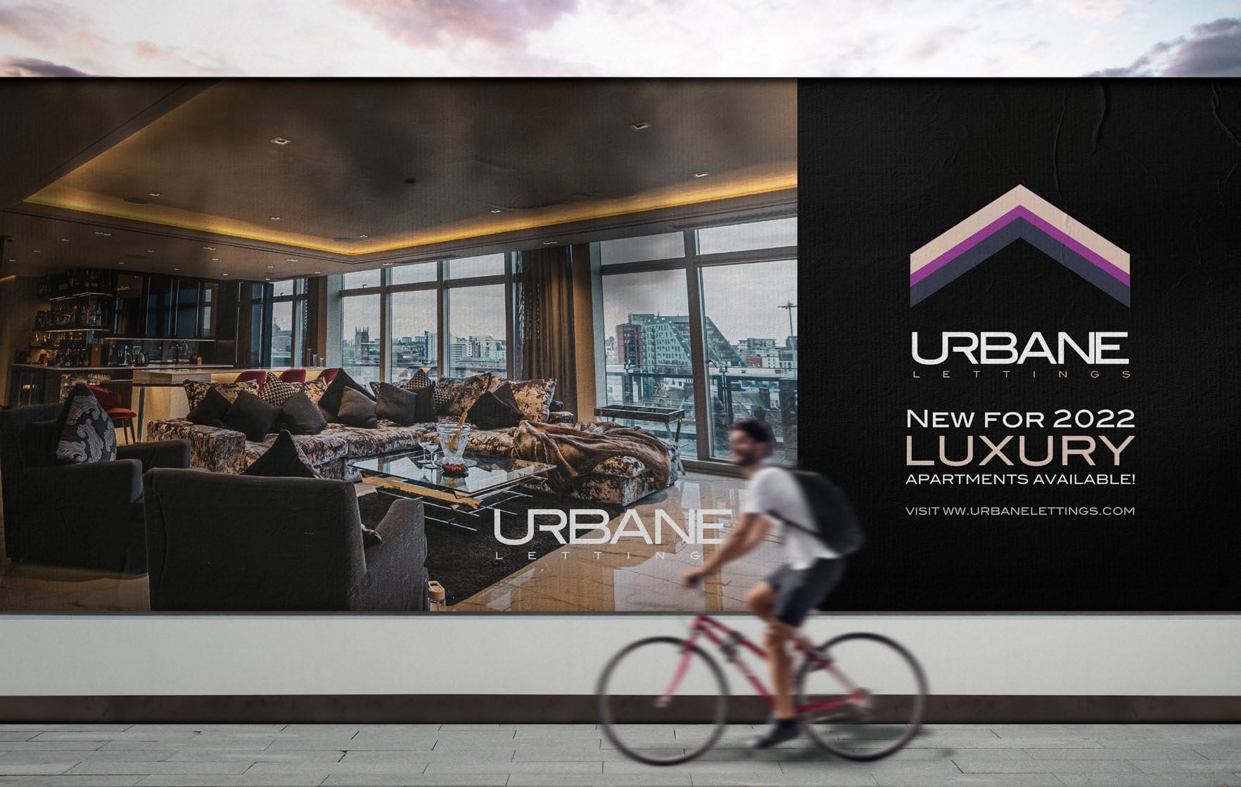 Urbane Lettings billboard, New for 2022 luxury apartments.