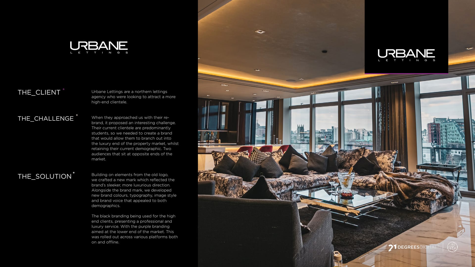 Urbane Lettings brand over a luxury apartment interior.