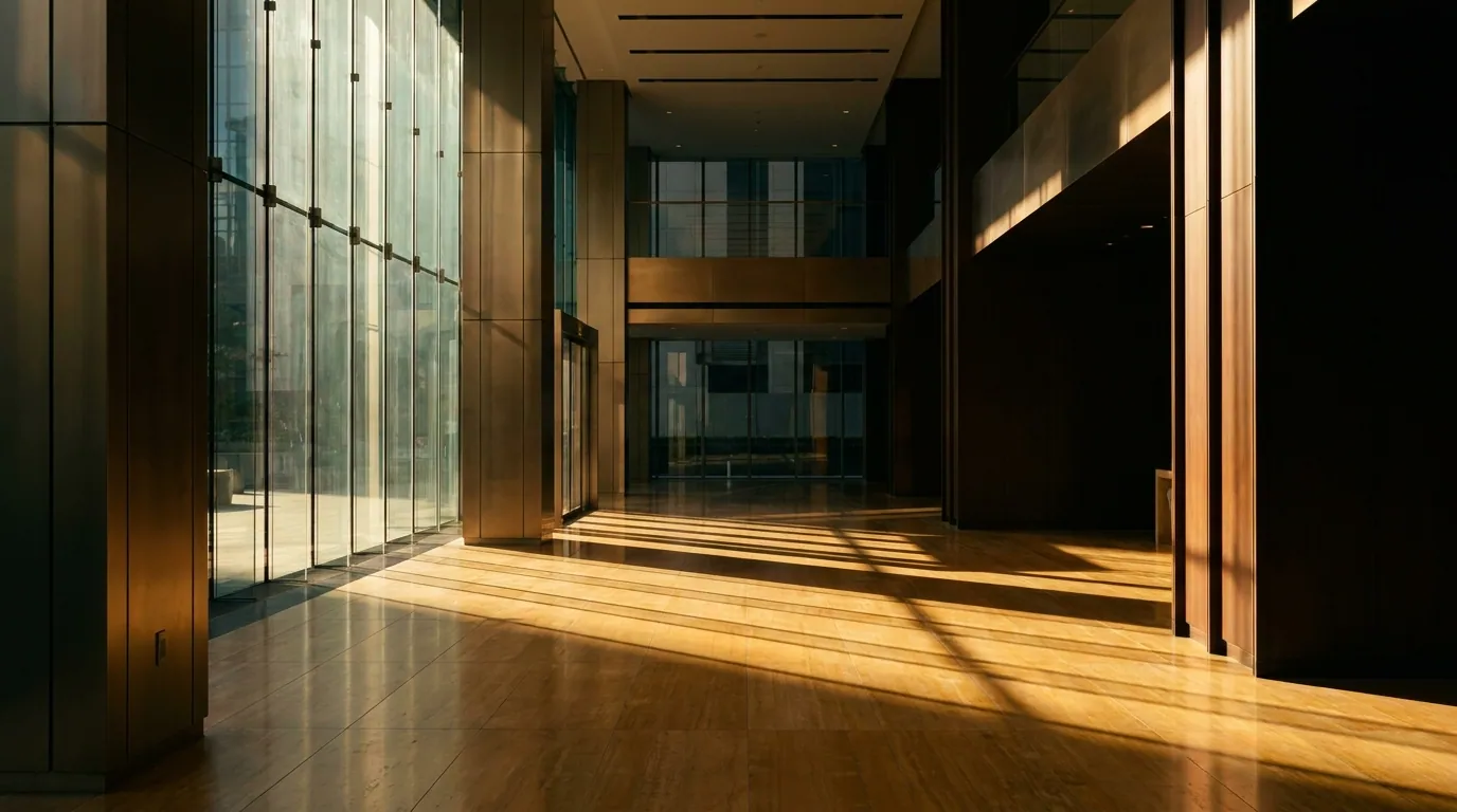 The interior of a high-end corporate building, with morning light raking through a floor-to-ceiling glass wall across a polished stone floor.