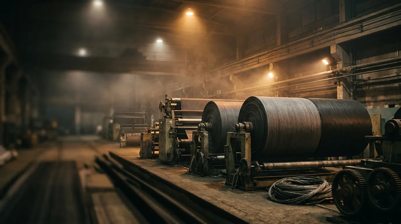 Large rolls of technical geotextile fabric on winding machinery in a factory, lit by warm overhead light through industrial haze.