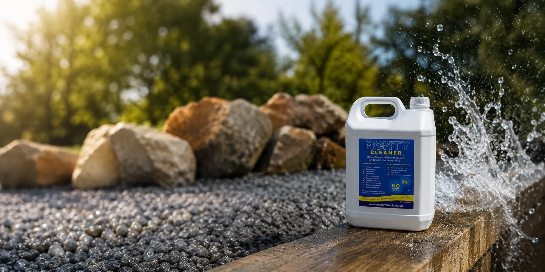 Monty Miracle fast-acting patio cleaner staged on a freshly cleaned stone patio in warm light.