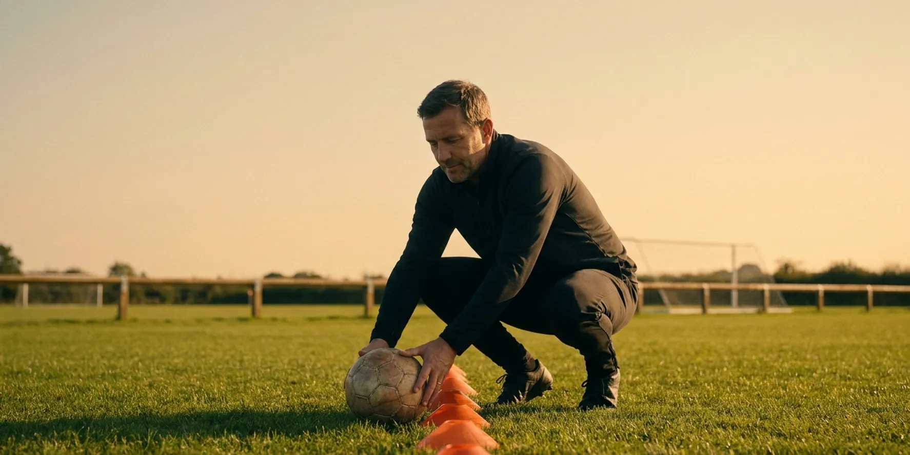 A grassroots football coach setting up a training session at golden hour on a community pitch.