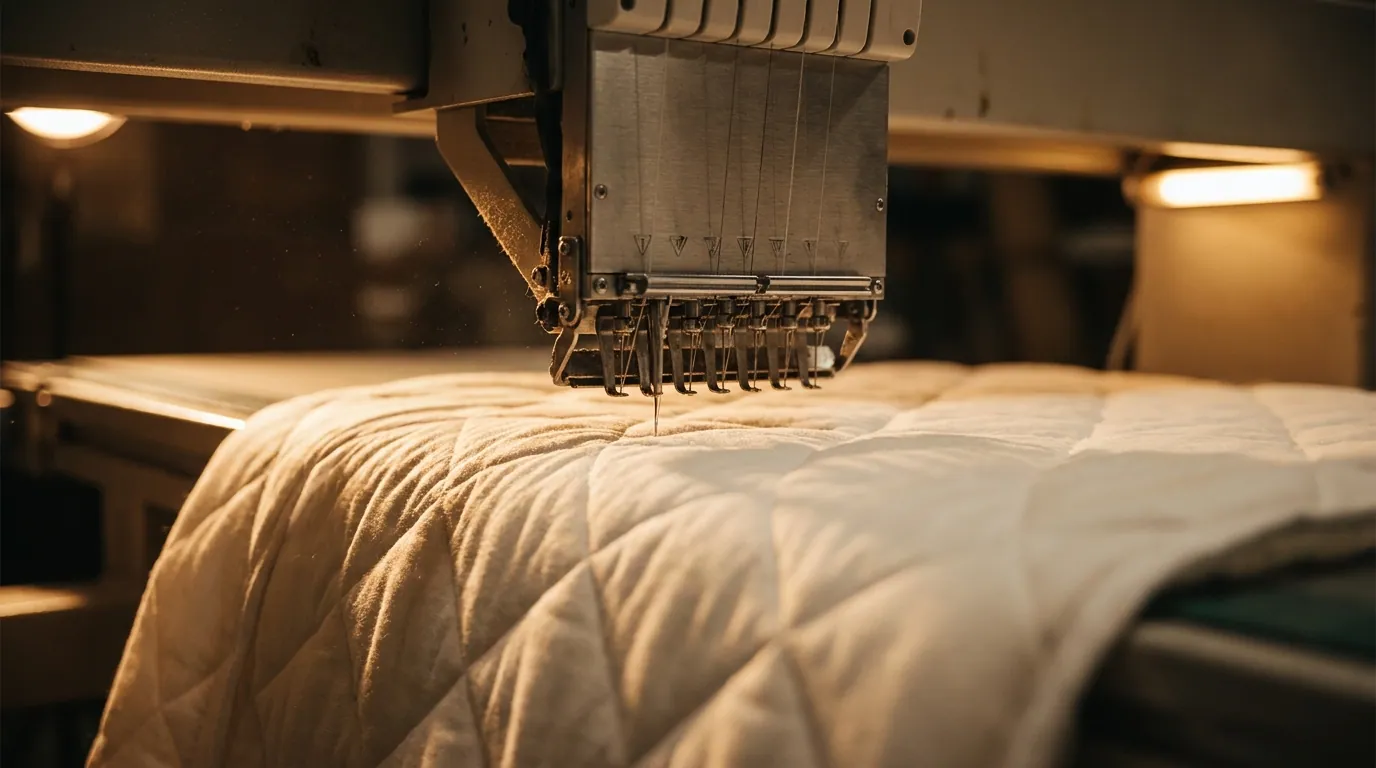 A quilting machine stitching a padded white mattress panel on a production line, lit warmly.