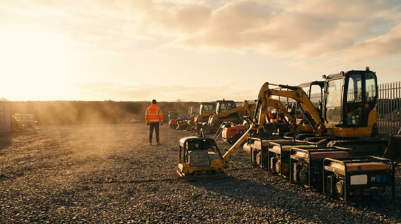 A plant and tool hire yard at golden hour, with mini-excavators, a compactor plate and portable generators lined up on gravel and a worker in hi-vis walking between them.