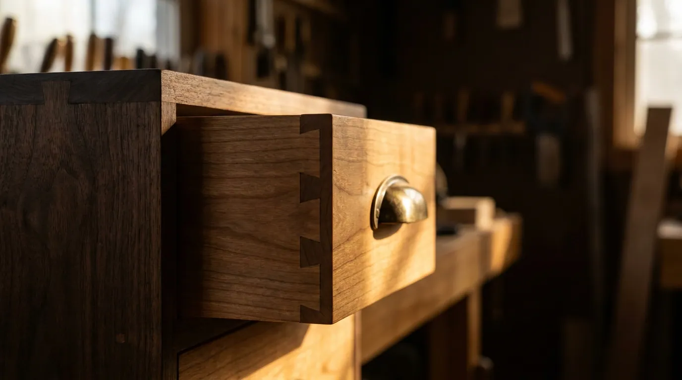 A bespoke walnut drawer with hand-cut dovetail joints and a brass cup handle, lit by warm workshop light.