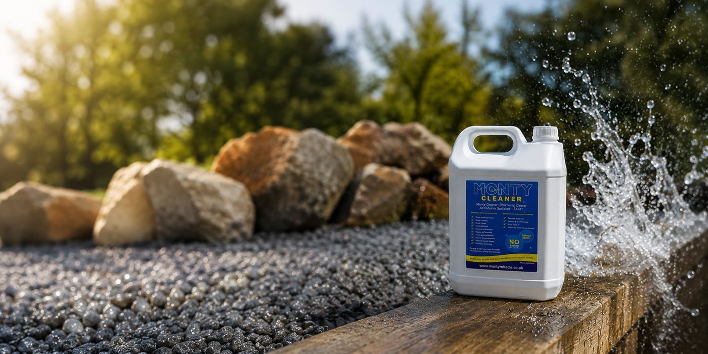 Monty Miracle patio-cleaner product staged on a stone patio, case study image.