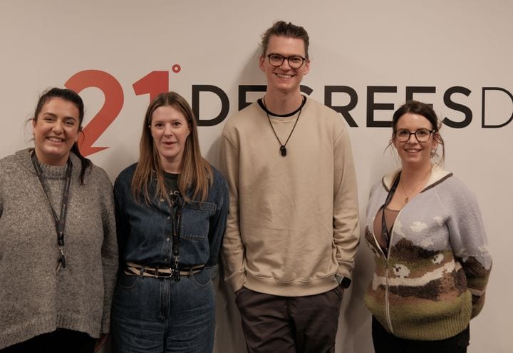 21 Degrees colleagues in front of the studio wall.