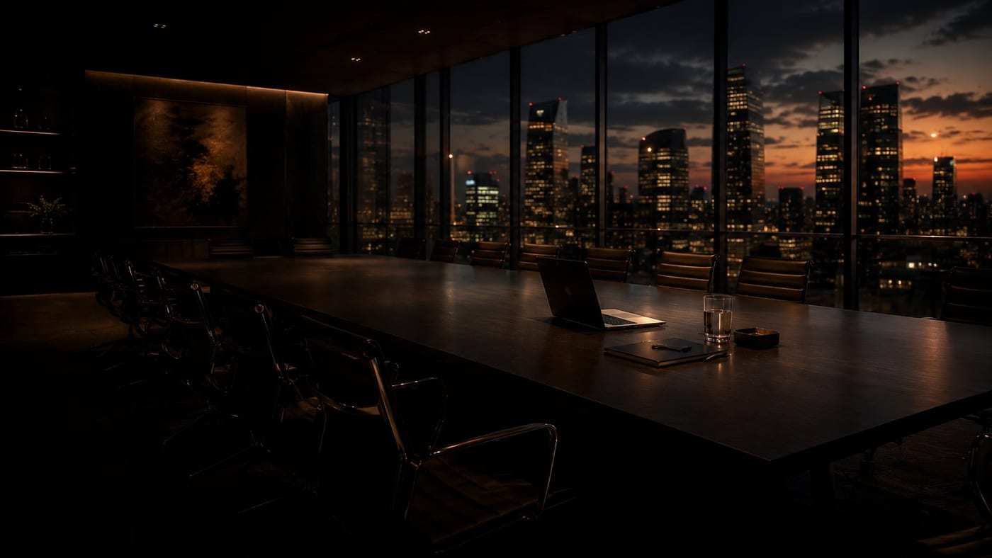 A boardroom with a city skyline view through floor-to-ceiling windows at dusk, representing B2B marketing.
