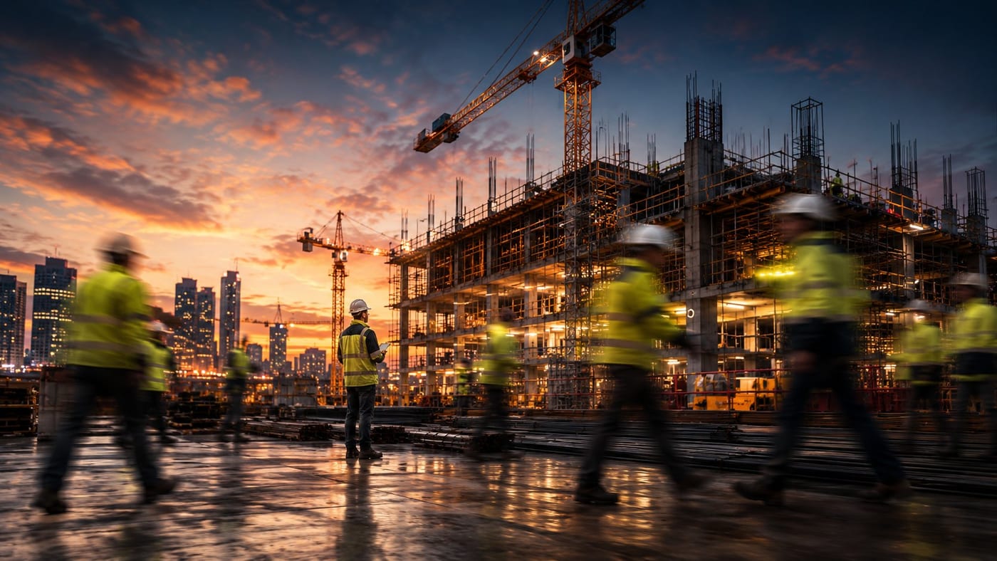 Construction site at sunset with workers and cranes silhouetted against a glowing sky, representing construction and housing marketing.